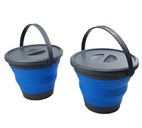 SAMMART 5.5L Collapsible Plastic Bucket with Lid - Foldable Round Tub with Lid - Portable Fishing Water Pail - Space Saving Outdoor Waterpot. (Grey/Blue (Set of 2))