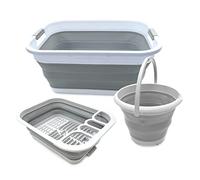 SAMMART COMBO 002 41L Collapsible Laundry Basket & Dish Drainer & 10L Bucket - Perfect Outdoor & Picnic - Space Saving Storage Container (Grey)