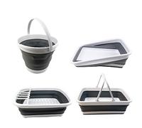 SAMMART COMBO Collapsible Washing Up Set - Bucket, Dish Drainer, Dish Tub, Laundry Basket with Handle - Space Saving, Camping & Picnic Set (Grey/Steel Grey)