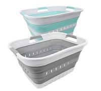 SAMMART Set of 2-30L Collapsible Plastic Laundry Basket - Foldable Pop Up Storage Container/Organizer - Space Saving Hamper/Basket (2, Grey + Lake Green)