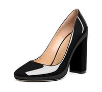 SAMMITOP Women's Round Toe Block Heel Pumps Slip On Chunky Patent Leather High Heels Classic Wedding Dress Shoes for Party Events 4 Inches, Patent Black, 6 UK