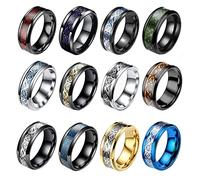 SAMOCO 12 Pcs 8mm Stainless Steel Ring for Men Women Celtic Dragon Beveled Edges Celtic Black Rings Carbide Wedding Band Ring Set Size 7-11, Metal, No Gemstone