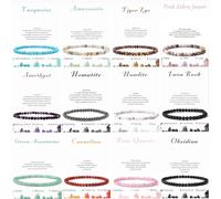 SAMOCO 12Pcs 4mm Crystal Beaded Bracelets for Women Men Semi-Precious Gemstones Bracelets Crystal Beaded Bracelet Unisex Adjustable Stretch Bracelets, 4 mm, Stone, obsidian