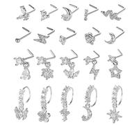 SAMOCO 20Pcs 20G Dangle Nose Ring L Shaped Dangling Nose Stud for Women Stainless Steel Nose Ring Studs CZ Flower Dangle Nose Rings Hoops Nose Piercing Jewelry(Silver)