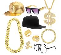 SAMOCO 80s 90s Accessories Outfit for Men Women Hip Hop Costume Kit Old School Rapper Sunglasses Faux Gold Rope Chain Bracelet Dollar Sign Chain Ring Kanji Ring Halloween Party Decorations