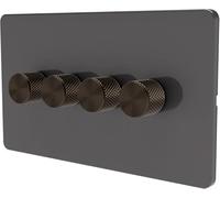 SAMOTECH Smart Matter Dimmer Switch Push On/Off-Rotary control for LED and Halogen Lights - Plastic Faceplate & Metallic Knob - Grey/Brass 4-Gang