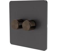 SAMOTECH Smart Matter Dimmer Switch Push On/Off-Rotary control for LED and Halogen Lights - Plastic Faceplate & Metallic Knob - Grey/Brass 2-Gang