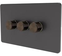 SAMOTECH Smart Matter Dimmer Switch Push On/Off-Rotary control for LED and Halogen Lights - Plastic Faceplate & Metallic Knob - Grey/Brass 3-Gang