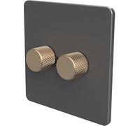 SAMOTECH Zigbee Dimmer Switch (Plastic faceplate/Metal knob) - No neutral wire required, compatible with Home Assistant and many other Zigbee-based platforms - Grey/Antique Brass 2-Gang Zigbee Dimmer