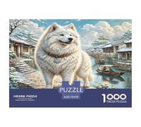 Samoyed Dog 1000Pc Challenging Puzzle: Dog by Waterside Village for Adults Teens & Seniors Brainteasing Game 70x50cm/1000pcs