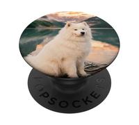 Samoyed Dog Mountain Lake Reflection Scenic View PopSockets Adhesive PopGrip