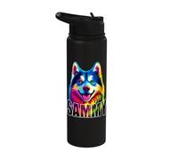 Samoyed Face Colorful Smiling Sammy Dog Lover Black Stainless Steel Insulated Water Bottle