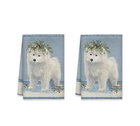 Samoyed Kitchen Towels, Winter Festive Mistletoe Snow Winter White Reusable Dish Towels for Kitchen Drying Holiday Decor 16x24 Inch (Set of 2)