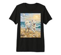 Samoyed Playing on a Summer Beach Artwork Premium T-Shirt