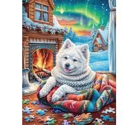 Samoyed Puppy by A Cozy Fireplace 300 Piece Complete DIY Jigsaw Puzzle Fairy Tale Scenery Cartoon Collectors Mind Relaxation Educational Decorative Puzzle Gifts for Adults Recycled Cardboard 300 PCS