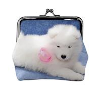 Samoyed Puppy White Dogs Puppy with Bow Furry, PU Leather Coin Purse, Small Wallets, Change Pouch with Kiss Lock Clasp Buckle, Change Purse
