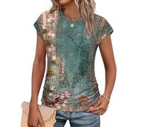 Sampeel Ladies Tops for Women UK Summer Cap Sleeve T Shirts Womens Ruched Top Crew Neck Loose Fit Casual Tee Shirts Size 10-12 Floral Green