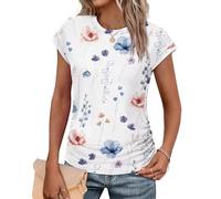 Sampeel Womens Tops Cap Sleeve Ruched T Shirts Ladies Summer Crew Neck Casual Tee Shirts Fitted Size 6-8 White Floral