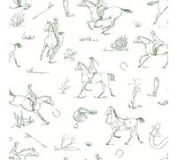 Sample for Equestrian Horse and Rider Wallpaper - Classic Green Line Sketch Design with Saddles, Boots and Countryside Motifs - Country Inspired Neutral Decor for Bedroom, Study or Living Room