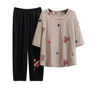 Sampling Product Category Long Skirt Suit 2 Women's Cotton Li NEN Fashion Comfortable Short Sleeves Long Trousers Plain Top Trousers, khaki, 3XL