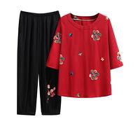 Sampling Product Category Long Skirt Suit 2 Women's Cotton Li NEN Fashion Comfortable Short Sleeves Long Trousers Plain Top Trousers, red, XXL