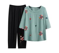 Sampling Product Category Long Skirt Suit 2 Women's Cotton Li NEN Fashion Comfortable Short Sleeves Long Trousers Plain Top Trousers, Green, XXL