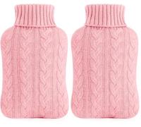 samply Hot Water Bottle with Knitted Cover, 2L Hot Water Bag for Hot and Cold Compress, Hand Feet Warmer, Neck and Shoulder Pain Relief, Pink (Pack of 2)