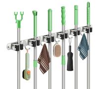 Sampoes Broom Holder Wall, Broom Holder, Stainless Steel, Tool Holder, Wall Mount with 6 Holders and 5 Hooks, Broom Hanging Garden Tool Holder, Broom Mop Holder for Home, Garden, Kitchen, Garage