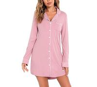 Samring Nightgown for Women Sleep Shirt Short Long Sleeve Sleepwear Boyfriend Nightshirt Button Down Pajama Dress S-XXL, Long Sleeve-bean Paste, Medium
