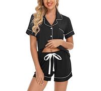 Samring Women's Button Down Pajama Set V-Neck Short Sleeve Sleepwear Soft Pj Sets - Black - Small