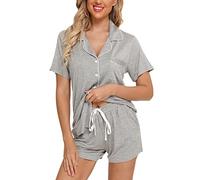 Samring Womens Pajamas Set Short Sleeve Sleepwear Button Down Nightwear Shorts Soft Pj Sets S-XXL, Light Grey, XXL