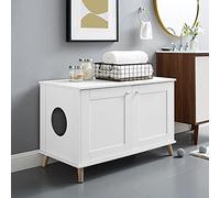 Sam's Pets Becky 24.5" Litter Box Enclosure, White - Cat Tree, End Table, Soft Cushion, Elevated with Wooden Legs, Multi-Tiered, Hidden Litter Box, Mat Included