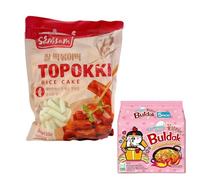 SamSam Korean Topokki Rice Cake (500g) + Buldak Carbonara Flavour Ramen (5-Pack) Combo - Imported from Korea, Spicy Cheese Cream Noodles & Stir-Fry Rice Cakes, Quick & Easy Meal