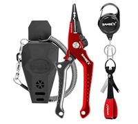 SAMSFX Aluminum Fishing Locking Pliers Saltwater Split Shot Ring Braid Cutter Hook Remover Pliers with Lanyard and Sheath, Quick Knot Tool Combo (Gray & Red Handle)