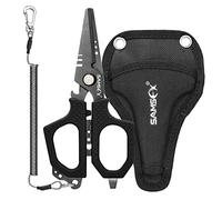 SAMSFX Fishing Scissors with Non-Slip Grip Handles and Micro Serrated Edges, Shears with Multi-Function and Durable Coating Design (Nylon Sheath, Black Handle)