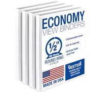 Samsill 0.5 Inch 3 Ring Binder, Made in USA, Economy Round Ring, Clear View Cover, 100 Sheet Capacity - for School, Home, Office - White, 4 Pack