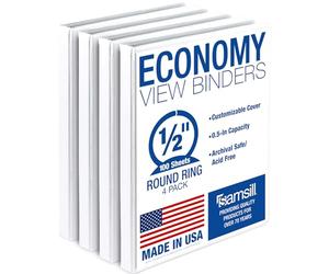 Samsill 0.5 Inch 3 Ring Binder, Made in USA, Economy Round Ring, Clear View Cover, 100 Sheet Capacity - for School, Home, Office - White, 4 Pack