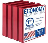 Samsill 1.5 Inch 3 Ring Binders, Made in USA, Economy Round Ring, Clear View Cover, 325 Sheet Capacity - for School, Home, Office - Red, 4 Pack