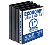 Samsill 1 Inch 3 Ring Binders, Made in USA, Economy Round Ring, Clear View Cover, 200 Sheet Capacity - for School, Home, Office - Black, 4 Pack