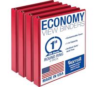 Samsill 1 Inch 3 Ring Binders, Made in USA, Economy Round Ring, Clear View Cover, 200 Sheet Capacity - for School, Home, Office - Red, 4 Pack