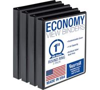 Samsill 1 Inch 3 Ring Binders, Made in USA, Economy Round Ring, Clear View Cover, 200 Sheet Capacity - for School, Home, Office - Black, 4 Pack