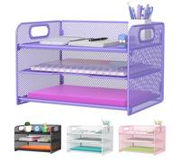 Samstar 3 Tier Purple Letter Tray Paper Organizer with Handle, Mesh Desk Organizer Paper Sorter File Rack Shelves, Purple