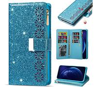 Samsung A32 5g Case Wallet,Glitter Carving Zipper Handbag with 9 Card Slots & Wrist Strap,Stand Flip Protective Cover for Women Magnetic Phone Case for Samsung A32 5G Sky Blue