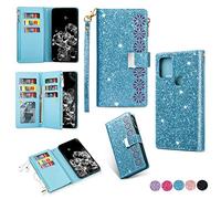 Samsung A72 5g Case Wallet,Glitter Carving Zipper Handbag with 9 Card Slots & Wrist Strap,Stand Flip Protective Cover for Women Magnetic Phone Case for Samsung A72 5G Sky Blue