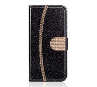 Samsung Galaxy A02S Case, Glitter Chain Shockproof PU Leather Flip Wallet Protective Cover with TPU Bumper Card Slots Magnetic Stand Compatible for Samsung Galaxy A02S Phone Case, Black