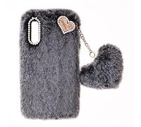 Samsung Galaxy A03 Core Protective Case - Soft Warm Fluffy Fur Skin TPU Case with Bling Diamond Cover, Dark Grey