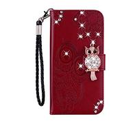 Samsung Galaxy A22 5G Case Owl Pattern, Shockproof Glitter Diamonds Flip Leather Wallet Phone Case Wrist Strap Card Slots Magnetic Stand TPU Bumper for Samsung A22 5G Protective Cover, Red Brown
