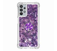 Samsung Galaxy A32 5G Case Glitter Floating Liquid Hearts Clear Silicone Case with Bling Rhinestone Ring Buckle Holder, Soft TPU Rubber Cover for Samsung Galaxy A32 5G, Dark Purple
