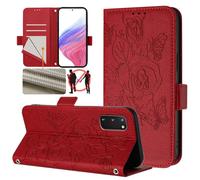 Samsung Galaxy S20 FE Case, RFID Blocking Flip Wallet Case with Card Slots Kickstand Magnetic Clasp Case for S20 FE, Shockproof PU Leather Embossed Flowers with Hand Strip for Women Girls, Red