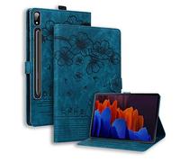 Samsung Galaxy Tab S10/S9/S8 Ultra 14.6 Inch Shockproof Case with S-Pen Holder - Flowers Cute Cat Multi-Angle Viewing Cover - Blue